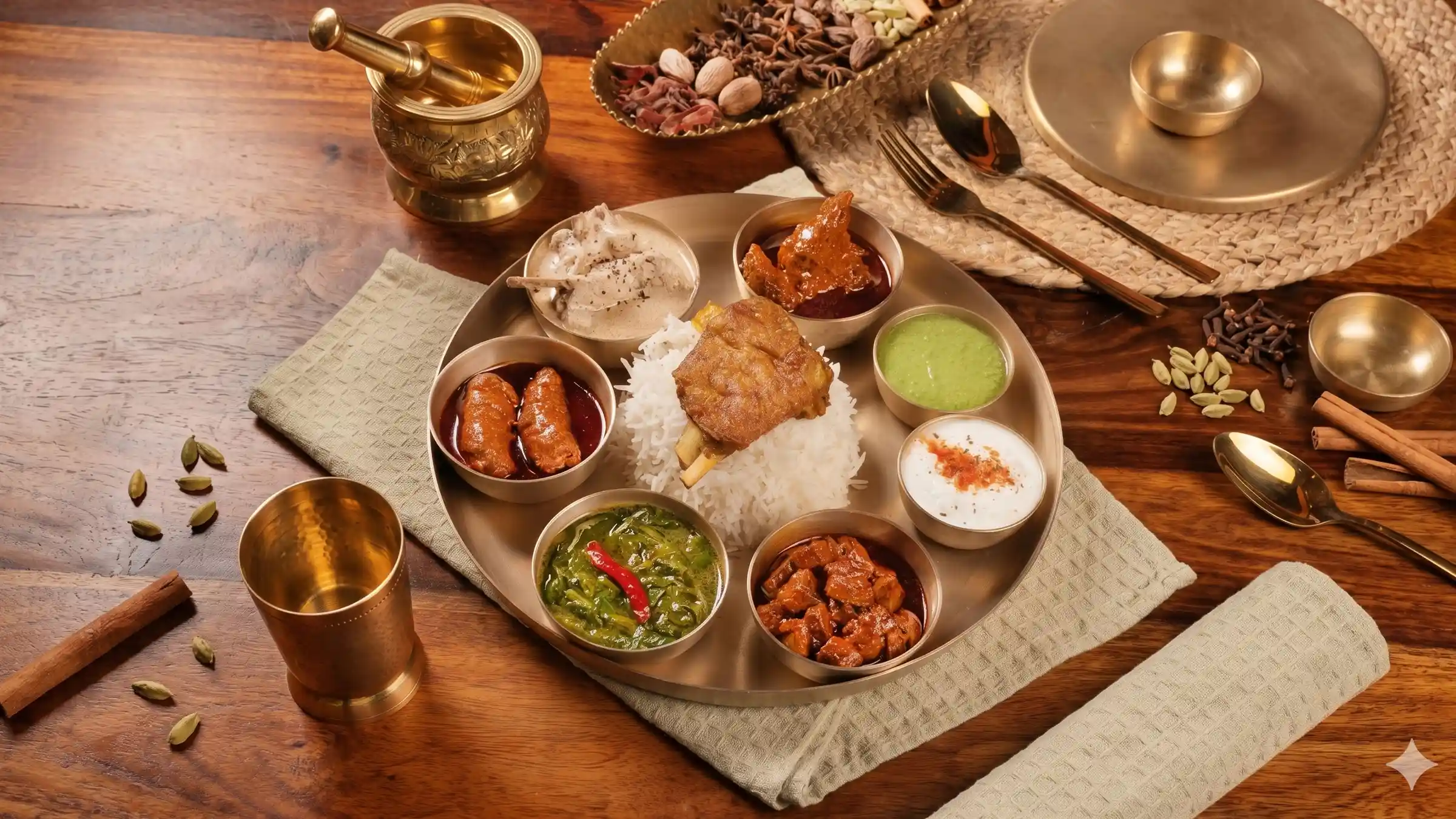 A traditional Kashmiri dish served in a copper bowl with rich aromatic gravy